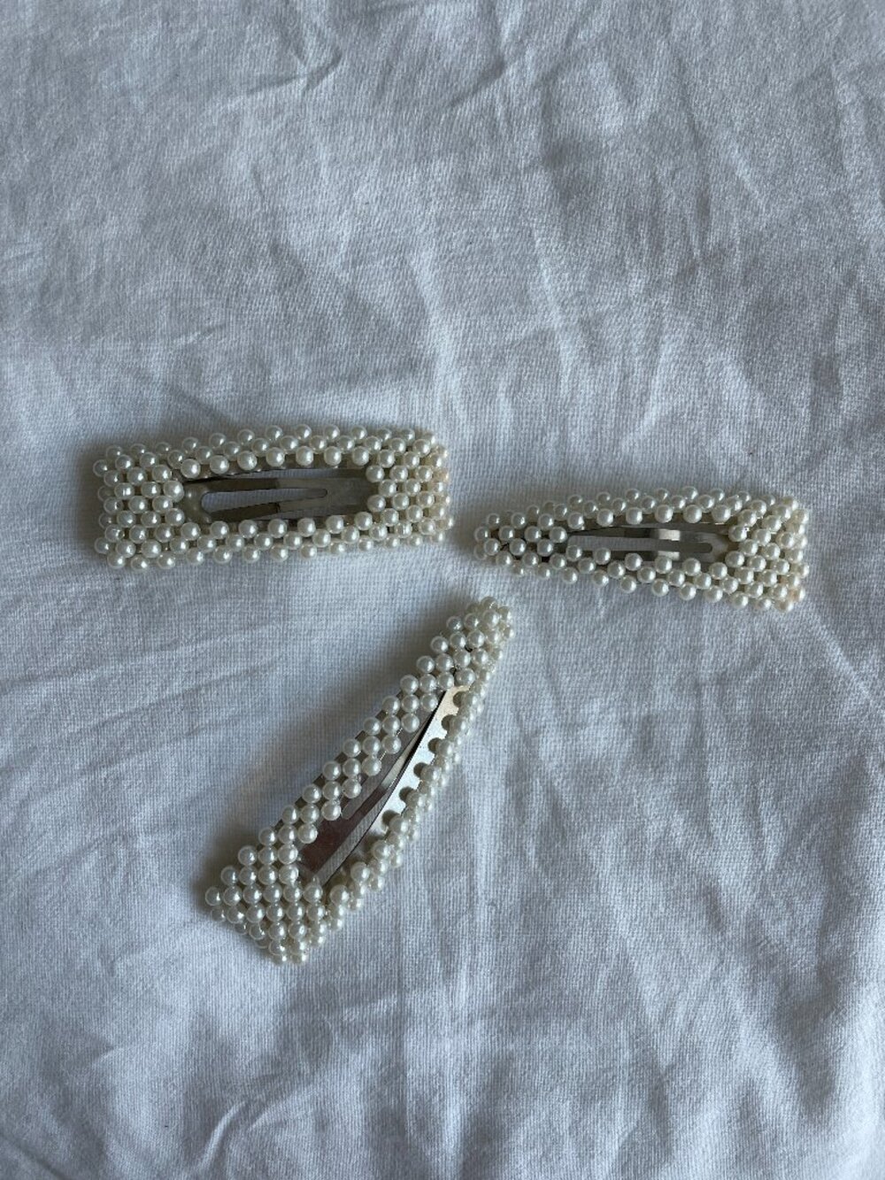 Pearl Snap Hair Clips, Set of 3, White, Silver, OS